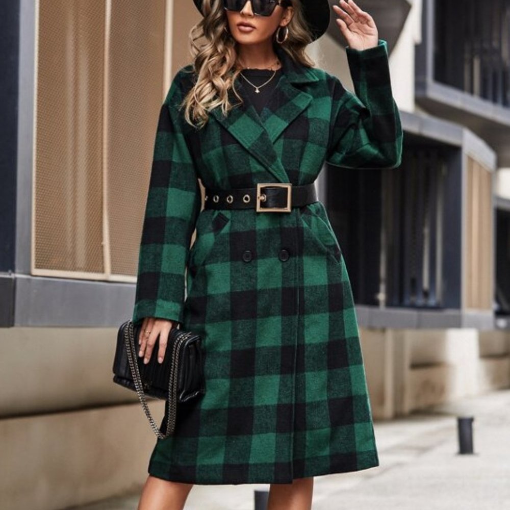 Buffalo Plaid Double Breasted Overcoat Without Bel - Picture 2 of 6